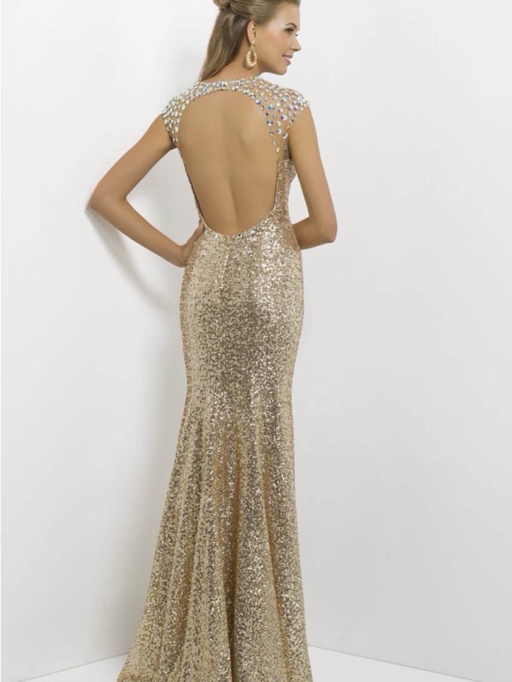 Open-Back Sequin Prom Dress in Gold